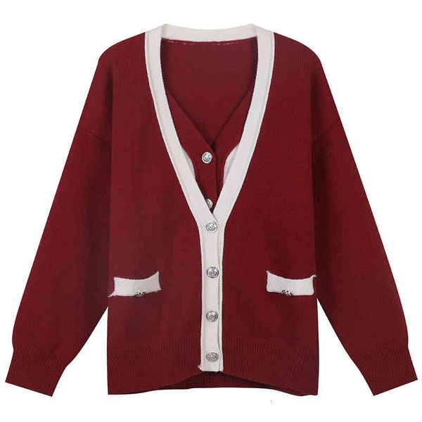 women's sweaters autumn and winter stripe color matching fake two-piece niche design temperament slim v-neck year red cardigan women ox, White;black
women's sweaters autumn and winter stripe color matching fake two-piece niche design temperament slim v-neck year red cardigan women ox, White;black