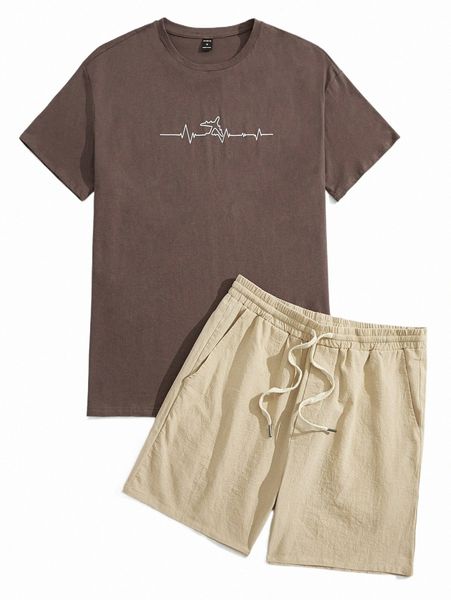 men plane print drop shoulder tee & drawstring waist shorts q51h#, Gray