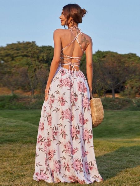 missord lace up backless split thigh floral print dress e1za#, Black;gray