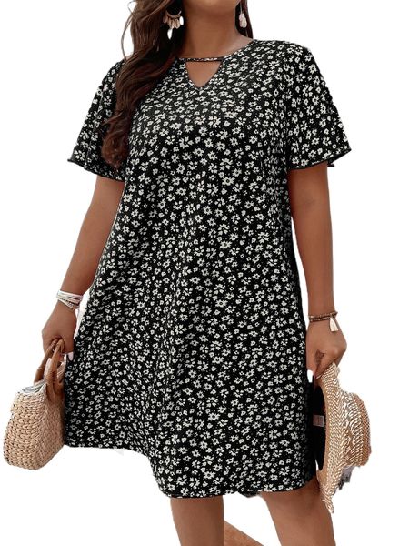 plus ditsy floral keyhole neck dress o65z#, Black 
plus ditsy floral keyhole neck dress o65z#, Black