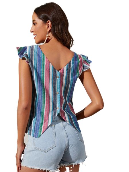 vertical striped ruffle trim button back blouse v0hj#, White