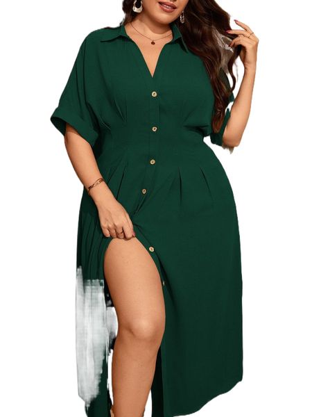 plus button front plicated detail batwing sleeve shirt dress 242u#, Black 
plus button front plicated detail batwing sleeve shirt dress 242u#, Black