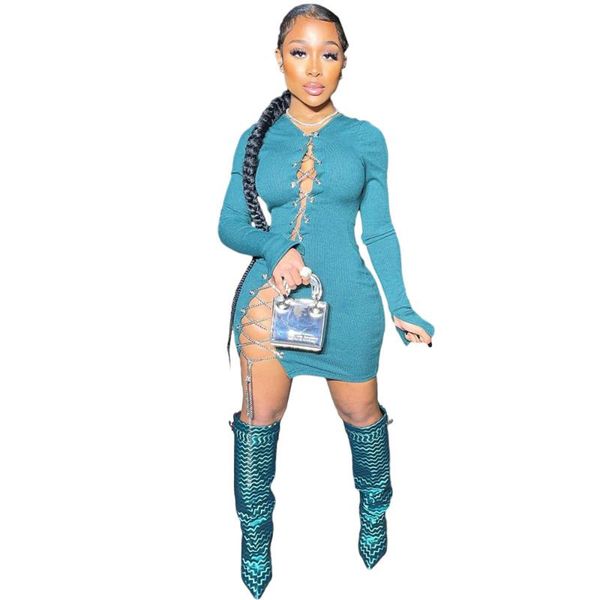 casual dresses solid long sleeve chain lace up hollow out knit mini for women clothes chic night party club bandage bodycon dress, Black;gray
casual dresses solid long sleeve chain lace up hollow out knit mini for women clothes chic night party club bandage bodycon dress, Black;gray