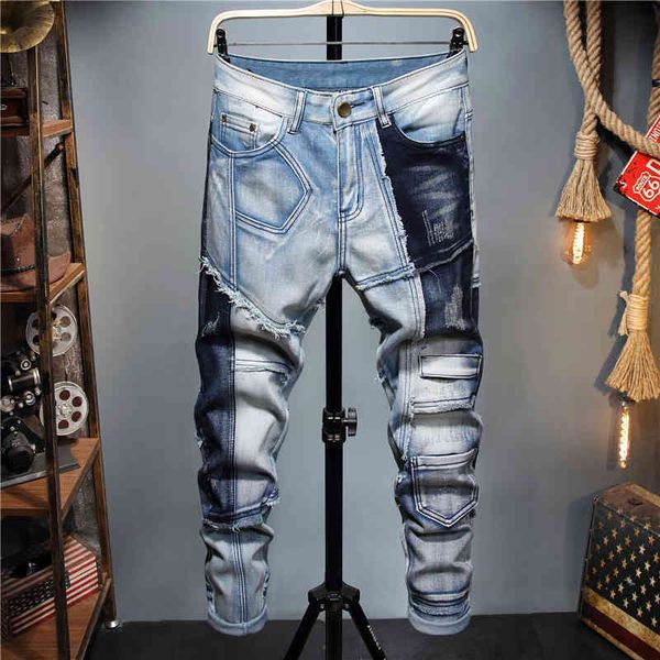 men's jeans design style splicing color matching elastic small feet men's blue middle waist washing pants 075 d08l
men's jeans design style splicing color matching elastic small feet men's blue middle waist washing pants 075 d08l