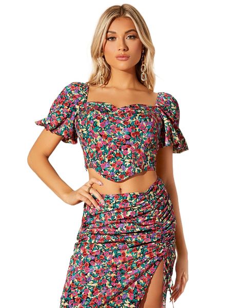 allover floral print puff sleeve bustier crop y4za#, White 
allover floral print puff sleeve bustier crop y4za#, White