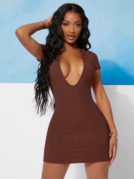 plunging neck bodycon dress 76kn#, Black;gray