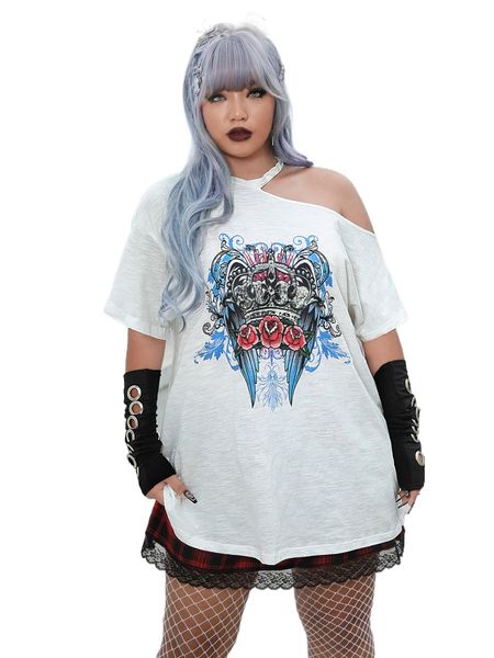 plus floral & crown print asymmetrical neck tee x8io#, Black 
plus floral & crown print asymmetrical neck tee x8io#, Black