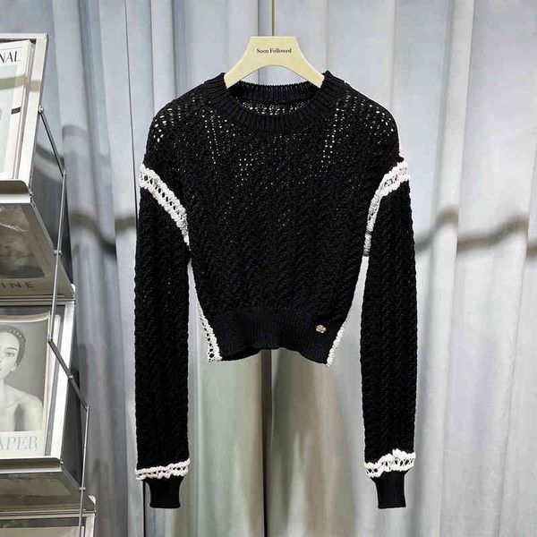 women's knits & tees star xin zhilei same black splicing pullover round neck long sleeve short hollow out knitted sweater women's, White
women's knits & tees star xin zhilei same black splicing pullover round neck long sleeve short hollow out knitted sweater women's, White
