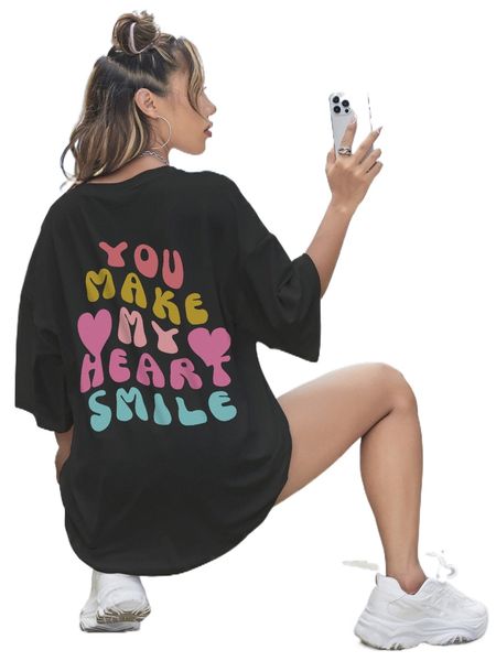slogan & heart print tee x8y3#, White