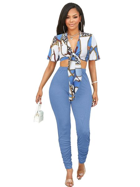 chain & leopard print tie front & stacked pants k83i#, White