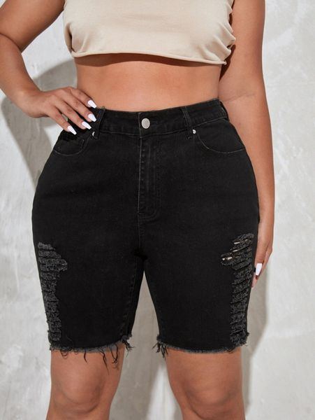 plus high waist ripped denim shorts p7gi#, White;black