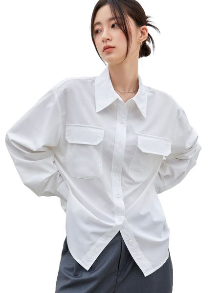 dazy-less solid button front flap pocket shirt e063#, White