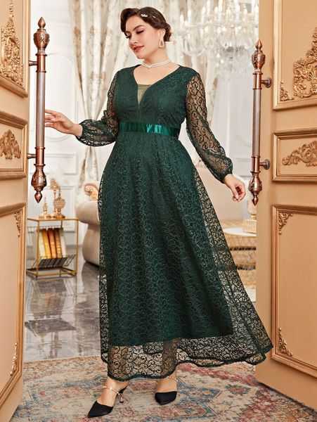plus bishop sleeve mesh detail lace dress m5ym#, Black