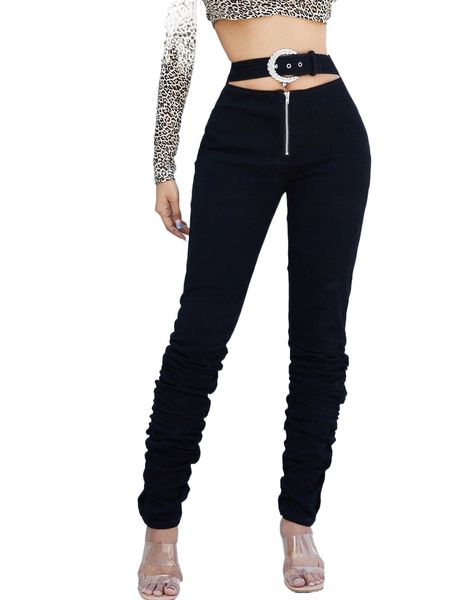 cut out zip fly buckle stacked jeans r0d0#, Blue 
cut out zip fly buckle stacked jeans r0d0#, Blue