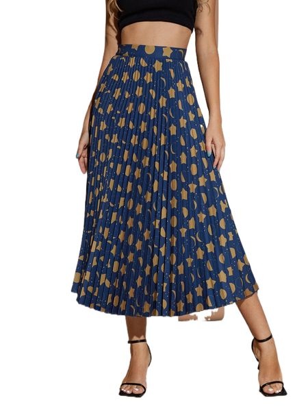 x squid house polka dot & geo print pleated skirt o4fu#, Black