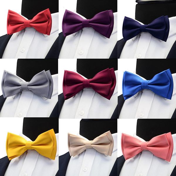 

gusleson mens solid color two layer bow tie red black purple gold blue yellow green bowtie for wedding party business, Black;gray