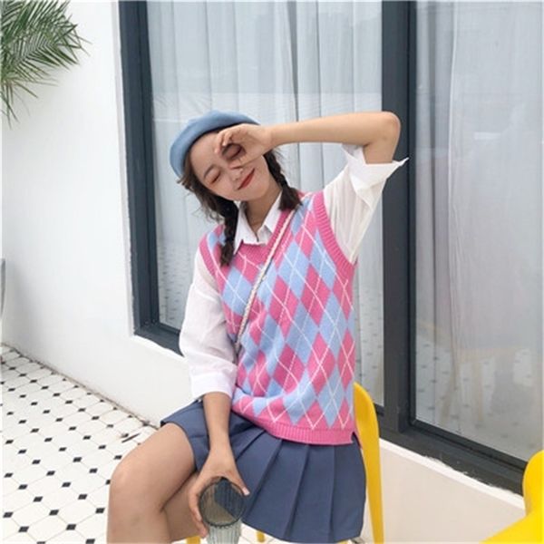 women sleeveless pullover england style vintage geometric rhombic v neck knitted sweater vest knitwear waistcoat blue t441 201204, White;black
women sleeveless pullover england style vintage geometric rhombic v neck knitted sweater vest knitwear waistcoat blue t441 201204, White;black