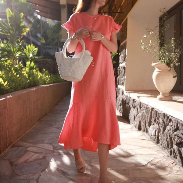 summer women fishtail ruffle dress female fashion korean short sleeve loose long casual cotton linen solid dresses, Black;gray
summer women fishtail ruffle dress female fashion korean short sleeve loose long casual cotton linen solid dresses, Black;gray