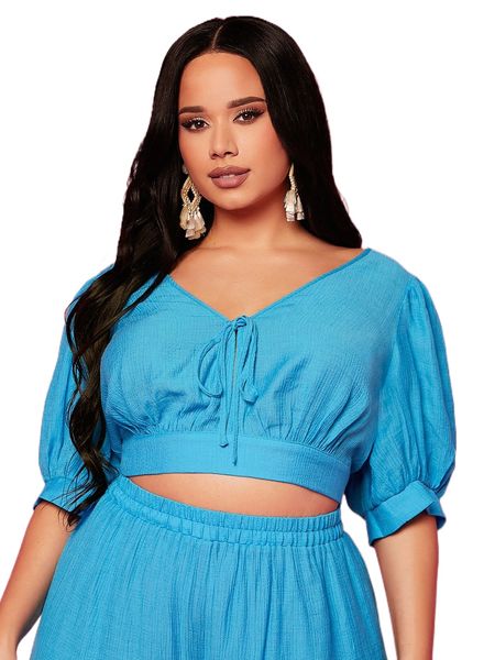 plus tie front crop blouse i6lv#, Black