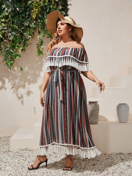 plus off the shoulder geo allover print fringe detail belted dress x4mg#, Black
plus off the shoulder geo allover print fringe detail belted dress x4mg#, Black