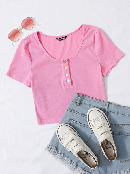 button half placket rib-knit crop tee 247l#, White 
button half placket rib-knit crop tee 247l#, White