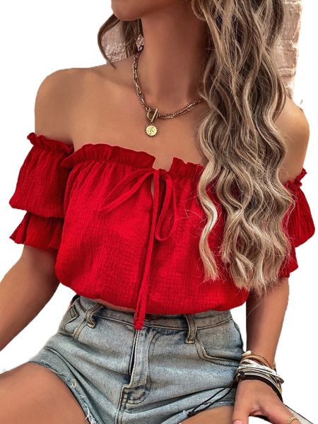 off the shoulder frilled blouse l1ap#, White
