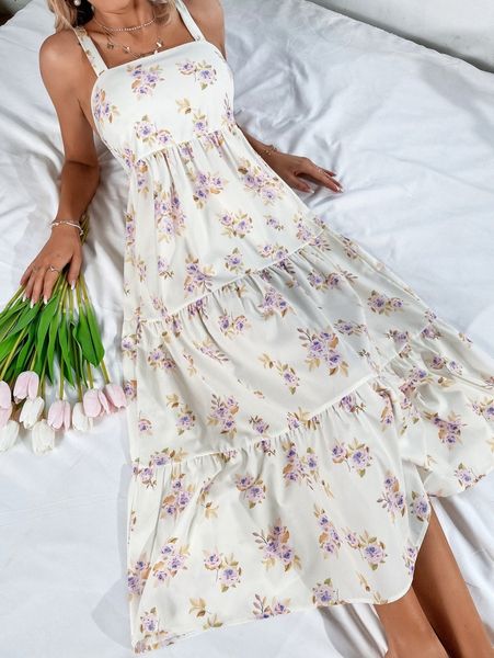 floral print shirred back cami dress c95g#, Black;gray