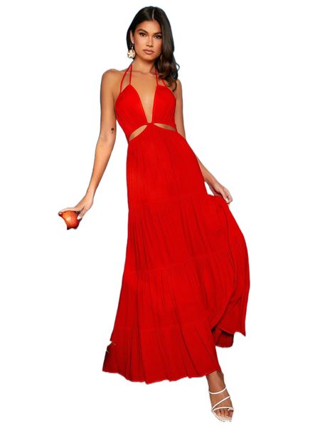 cut out tie backless maxi halter dress 75o8#, Black;gray 
cut out tie backless maxi halter dress 75o8#, Black;gray