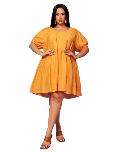 plus puff sleeve smock dress c9fm#, Black