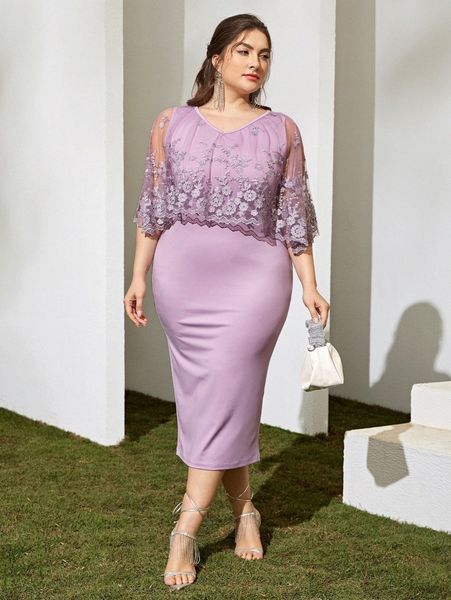 plus floral embroidered mesh cape fitted dress 01ik#, Black