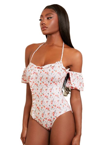newness ditsy floral print frill trim cold shoulder tie backless halter bodysuit y70p#, White
newness ditsy floral print frill trim cold shoulder tie backless halter bodysuit y70p#, White
