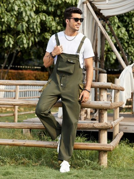 men 1pc flap pocket overalls d8st#, Black