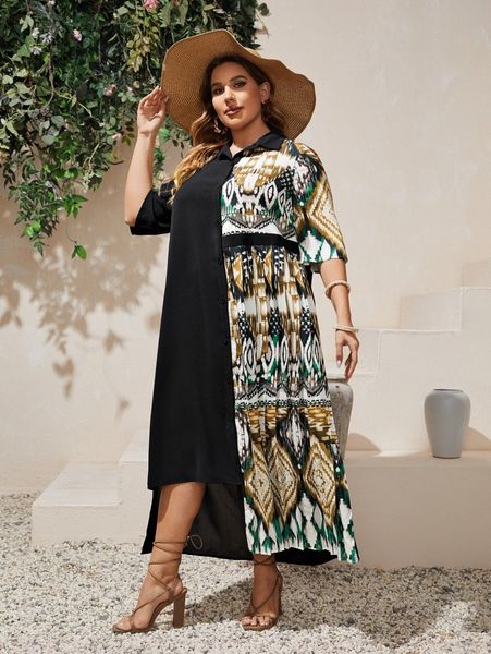 plus geo print button front asymmetrical hem dress o5xi#, Black