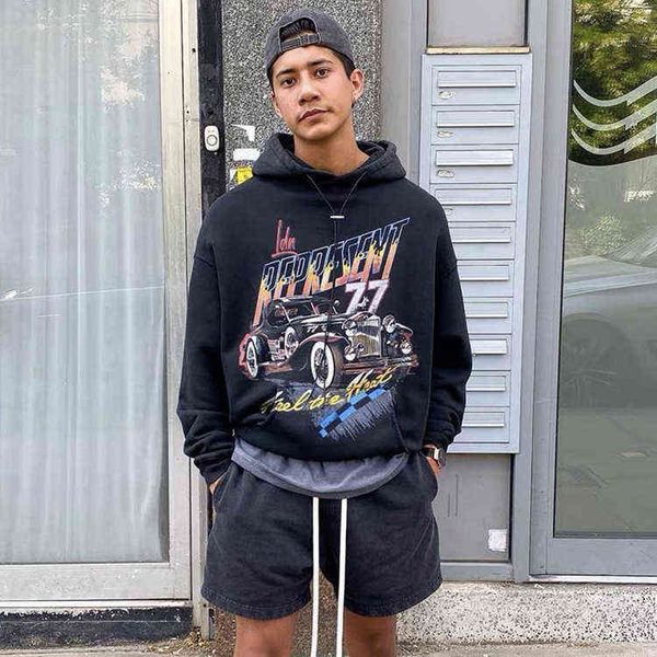 car classic print hoodie vintage wash water make old high street loose men, Black
car classic print hoodie vintage wash water make old high street loose men, Black