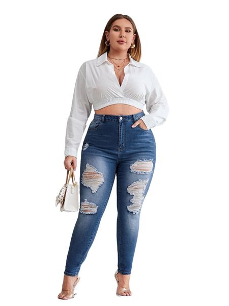 plus high waist ripped skinny jeans h8bk#, Blue
plus high waist ripped skinny jeans h8bk#, Blue