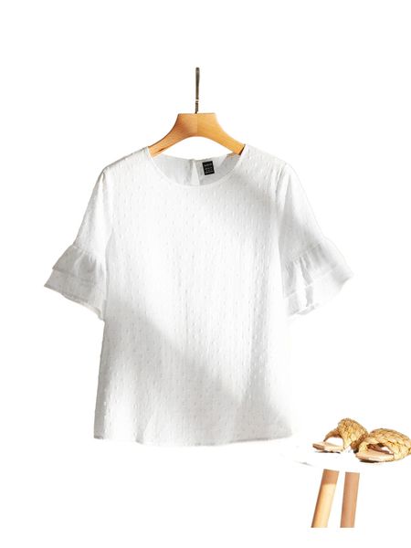 flounce sleeve swiss dot blouse 69e4#, White