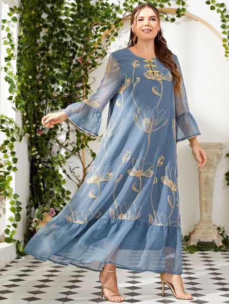 plus embroidery frog button detail flounce sleeve dress c7yh#, Black
plus embroidery frog button detail flounce sleeve dress c7yh#, Black