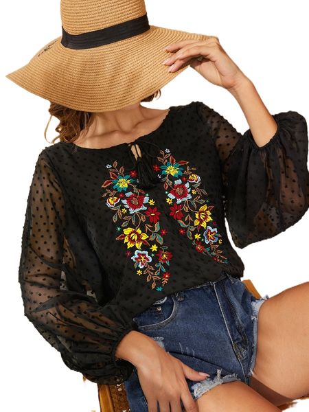 swiss dot floral embroidery lantern sleeve tassel tie neck blouse s1we#, White
swiss dot floral embroidery lantern sleeve tassel tie neck blouse s1we#, White