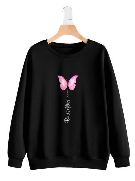 butterfly & letter graphic sweatshirt u8to#, Black