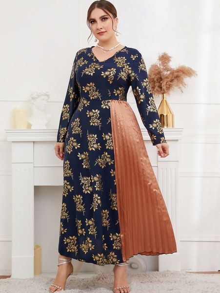 plus gold floral print pleated panel dress 01bt#, Black
plus gold floral print pleated panel dress 01bt#, Black