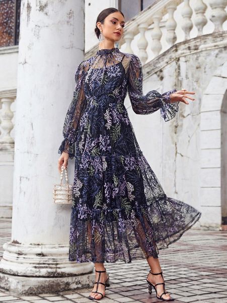 bell sleeve ruffle trim plants embroidered mesh overlay dress c5cu#, Black;gray
bell sleeve ruffle trim plants embroidered mesh overlay dress c5cu#, Black;gray