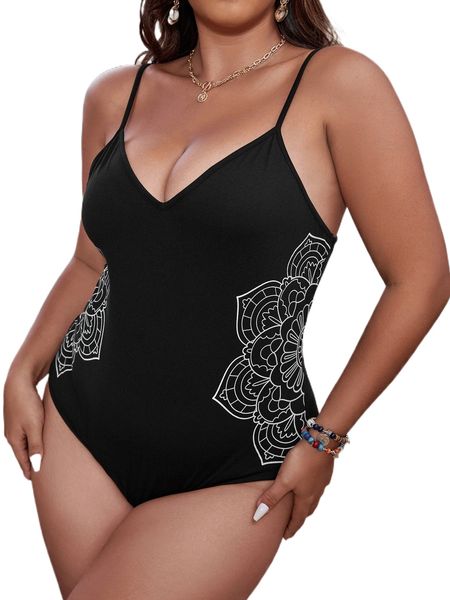 plus floral print cami bodysuit e9uk#, Black