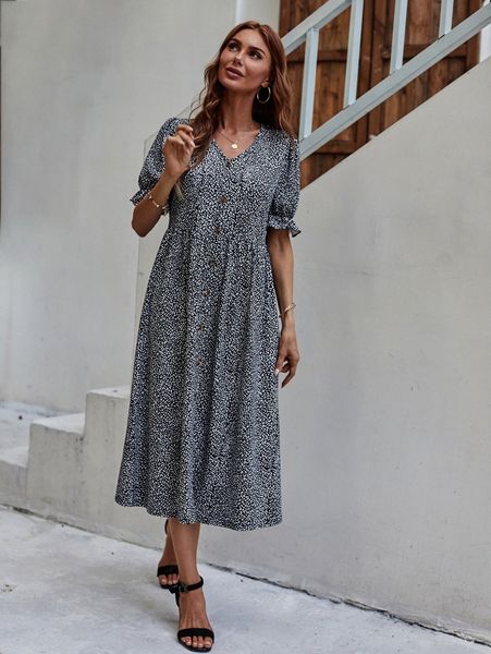 leopard print ruffle cuff smock dress e92n#, Black;gray
