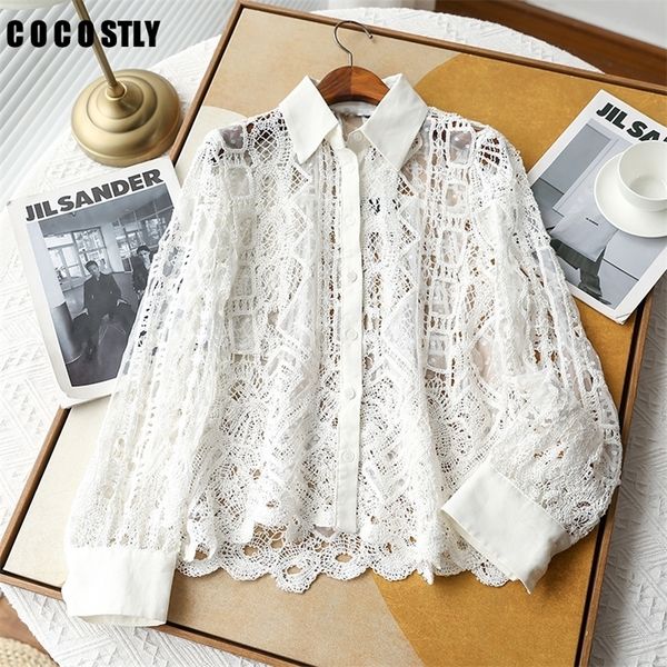 women blouses hollow out lace shirts elegant turn down collar femme see through long sleeve women chic blouses 220516, White
women blouses hollow out lace shirts elegant turn down collar femme see through long sleeve women chic blouses 220516, White
