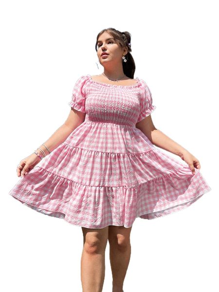 plus gingham shirred puff sleeve ruffle hem dress g6pj#, Black 
plus gingham shirred puff sleeve ruffle hem dress g6pj#, Black