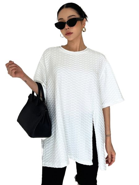 dazy drop shoulder split hem blouse 70dj#, White 
dazy drop shoulder split hem blouse 70dj#, White