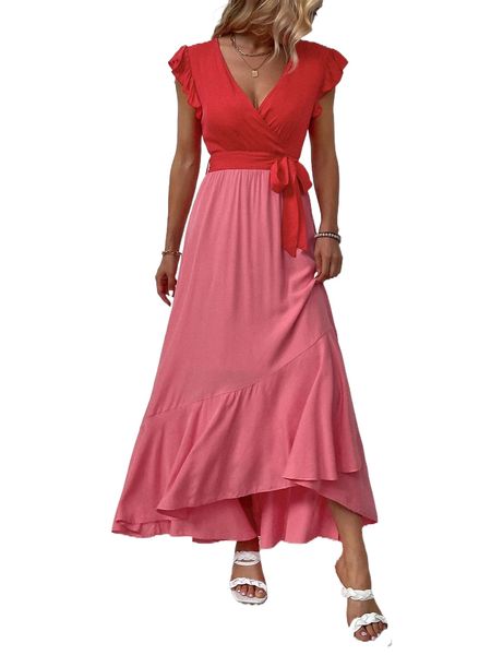 two tone butterfly sleeve ruffle asymmetrical hem belted dress t1rj#, Black;gray
two tone butterfly sleeve ruffle asymmetrical hem belted dress t1rj#, Black;gray