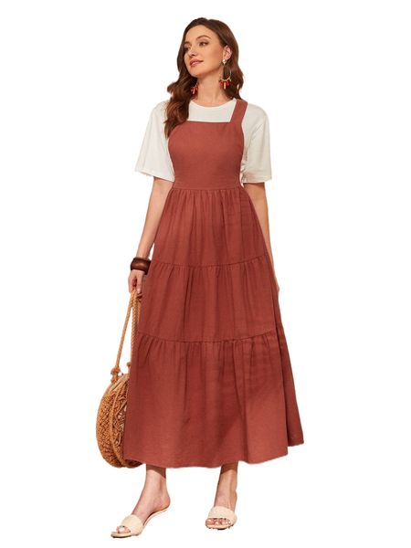 flounce hem overall dress without tee a0vj#, Black;gray