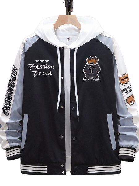 men 1pc colorblock bear & letter patched raglan sleeve varsity jacket g0eq#, Black;brown
men 1pc colorblock bear & letter patched raglan sleeve varsity jacket g0eq#, Black;brown