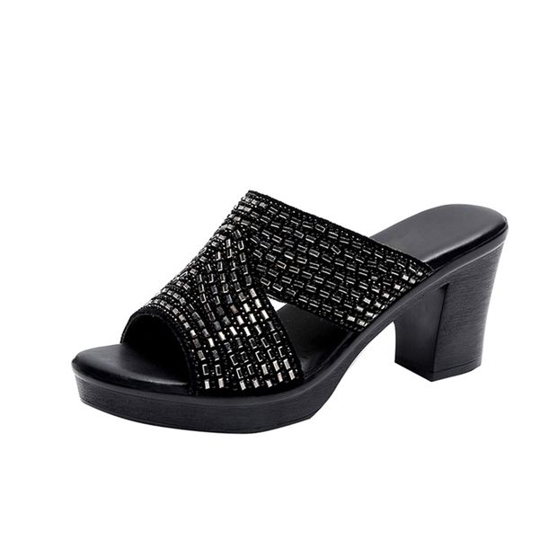women's open toe slippers sequins decor platform ladylike sweet summer fashion comfy high thick heel slippers 220429, Black
women's open toe slippers sequins decor platform ladylike sweet summer fashion comfy high thick heel slippers 220429, Black